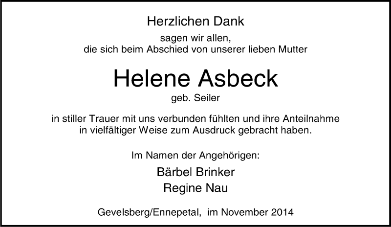  Traueranzeige für Helene Asbeck vom 22.11.2014 aus Tageszeitung