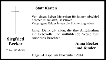 Traueranzeige von Siegfried Becker von Tageszeitung