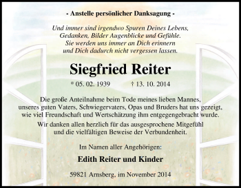 Traueranzeige von Siegfried Reiter von Tageszeitung