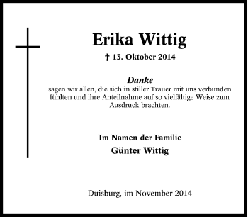 Traueranzeige von Erika Wittig von Tageszeitung
