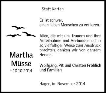Traueranzeige von Martha Müsse von Tageszeitung