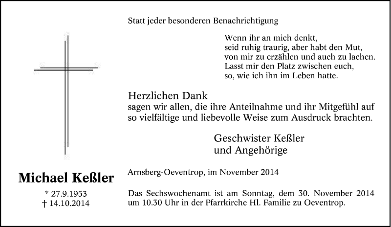  Traueranzeige für Michael Keßler vom 22.11.2014 aus Tageszeitung