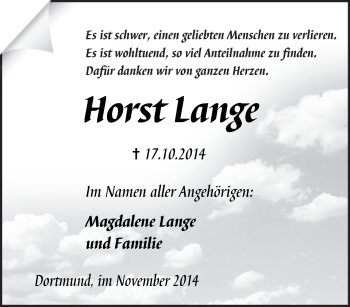 Traueranzeige von Horst Lange von Tageszeitung