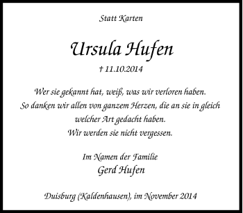 Traueranzeige von Ursula Hufen von Tageszeitung