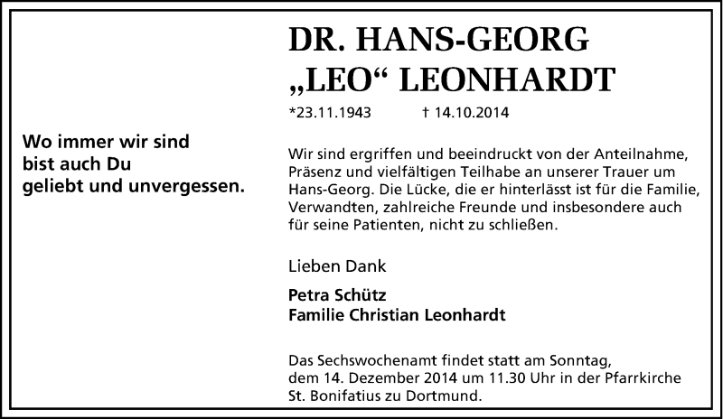  Traueranzeige für Hans-Georg Leonhardt vom 29.11.2014 aus Tageszeitung