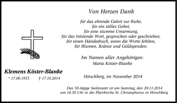Traueranzeige von Klemens Köster-Blanke von Tageszeitung