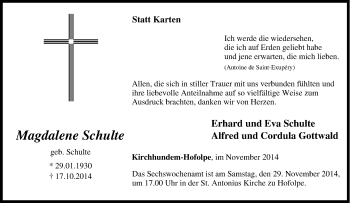 Traueranzeige von Magdalene  Schulte von Tageszeitung