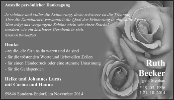 Traueranzeige von Ruth Becker von Tageszeitung