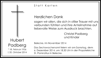 Traueranzeige von Hubert Padberg von Tageszeitung