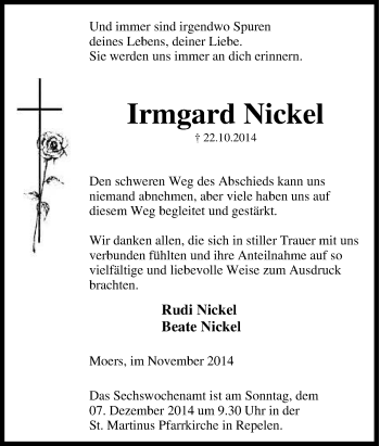 Traueranzeige von Irmgard Nickel von Tageszeitung