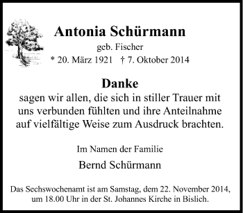 Traueranzeige von Antonia Schürmann von Tageszeitung