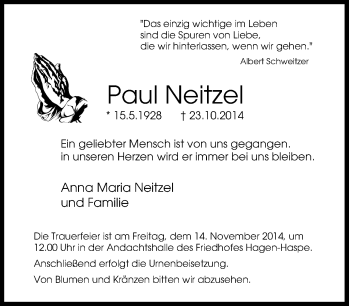 Traueranzeige von Paul Neitzel von Tageszeitung