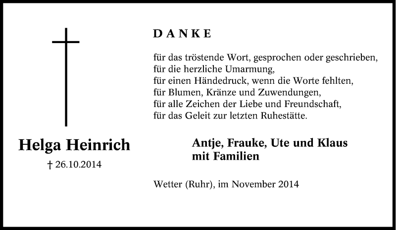 Traueranzeige für Helga Heinrich vom 29.11.2014 aus Tageszeitung