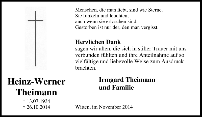  Traueranzeige für Heinz-Werner Theimann vom 29.11.2014 aus Tageszeitung