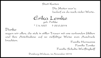 Traueranzeige von Erika Lemke von Tageszeitung