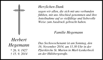 Traueranzeige von Herbert Hegemann von Tageszeitung