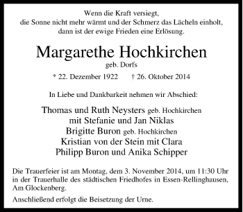 Traueranzeige von Margarethe Hochkirchen von Tageszeitung