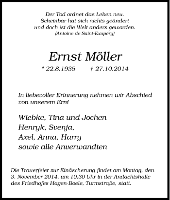 Traueranzeige von Ernst Möller von Tageszeitung