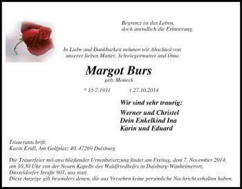 Traueranzeige von Margot Burs von Tageszeitung
