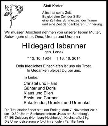 Traueranzeige von Hildegard Isbanner von Tageszeitung