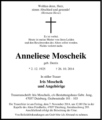 Traueranzeige von Anneliese Moscheik von Tageszeitung