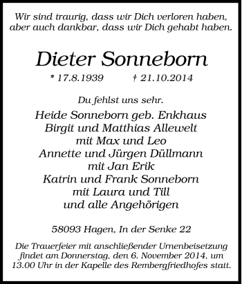 Traueranzeige von Dieter Sonneborn von Tageszeitung