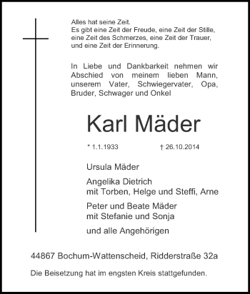 Traueranzeige von Karl Mäder von Tageszeitung