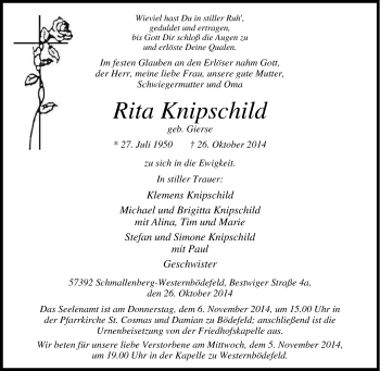 Traueranzeige von Rita Knipschild von Tageszeitung