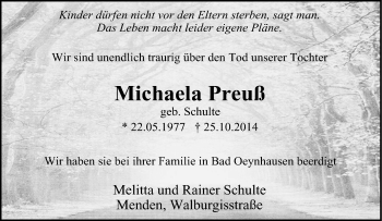 Traueranzeige von Michaela Preuß von Tageszeitung