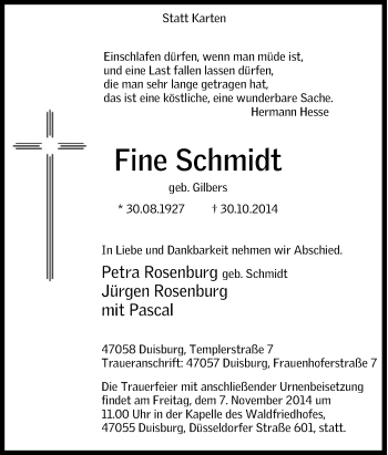 Traueranzeige von Fine Schmidt von Tageszeitung