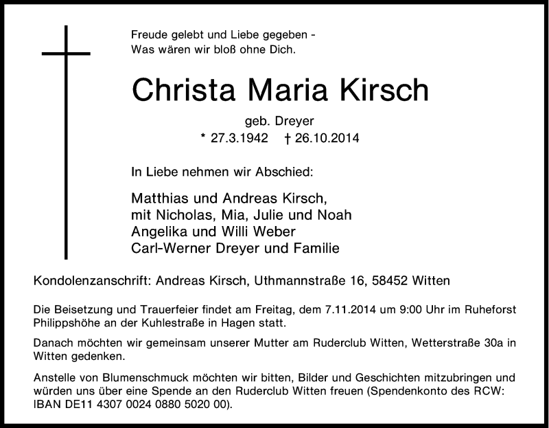  Traueranzeige für Christa Maria Kirsch vom 01.11.2014 aus Tageszeitung
