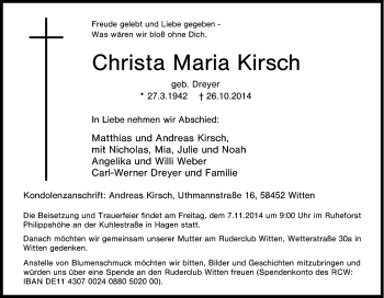 Traueranzeige von Christa Maria Kirsch von Tageszeitung