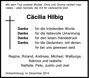Traueranzeige von Cäcilia Hilbig von Tageszeitung
