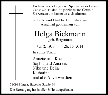 Traueranzeige von Helga Bickmann von Tageszeitung