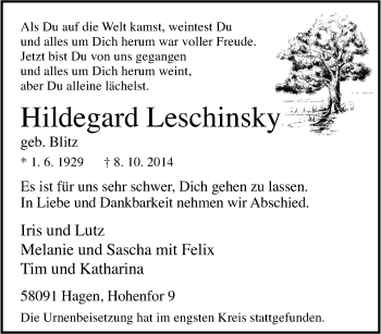 Traueranzeige von Hildegard Leschinsky von Tageszeitung