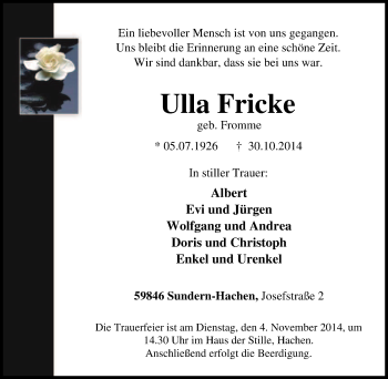 Traueranzeige von Ulla Fricke von Tageszeitung