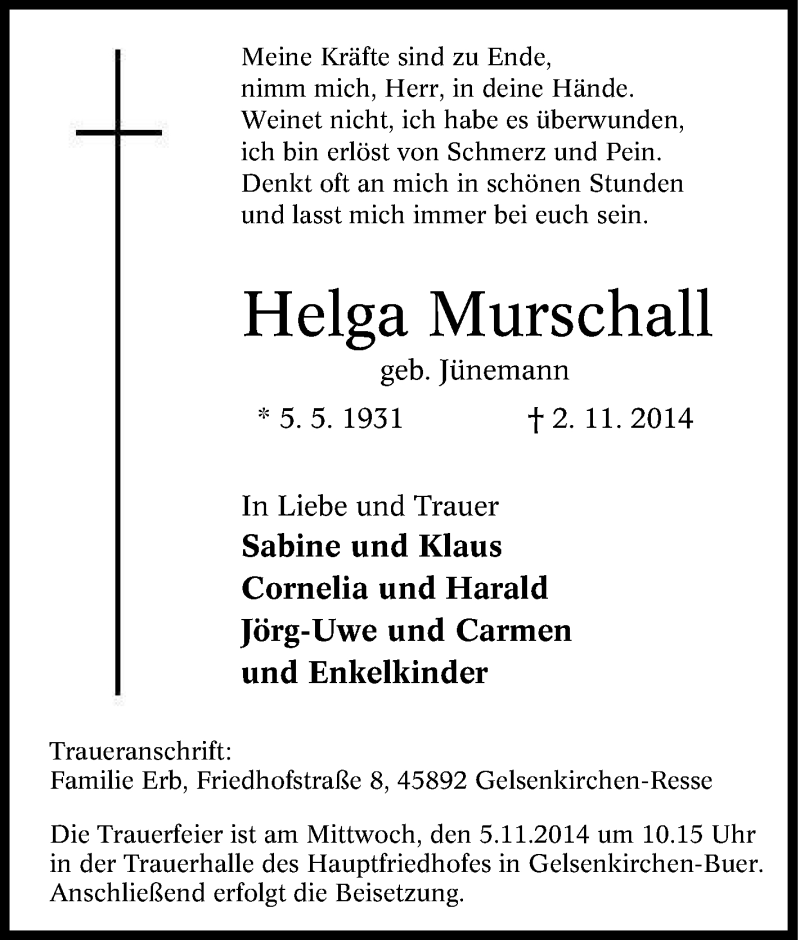  Traueranzeige für Helga Murschall vom 04.11.2014 aus Tageszeitung