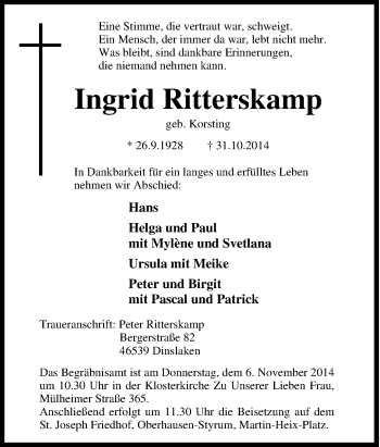 Traueranzeige von Ingrid Ritterskamp von Tageszeitung