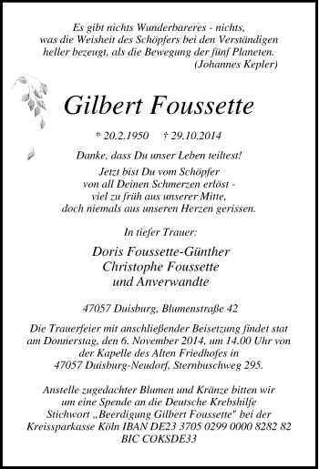 Traueranzeige von Gilbert Foussette von Tageszeitung