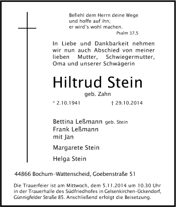Traueranzeige von Hiltrud Stein von Tageszeitung