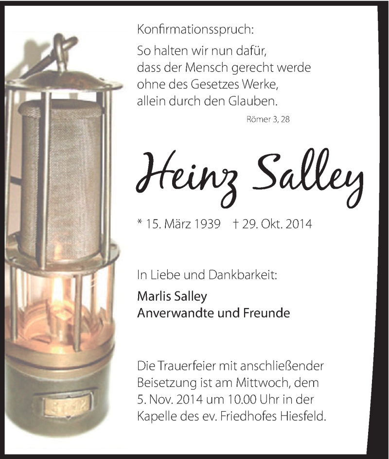  Traueranzeige für Heinz Salley vom 01.11.2014 aus Tageszeitung