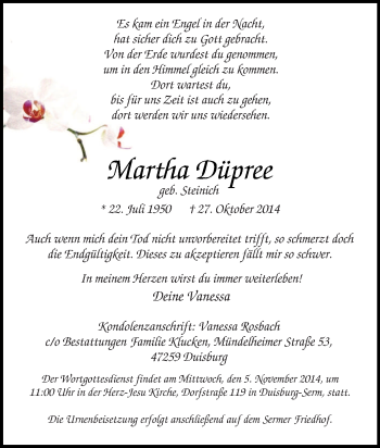 Traueranzeige von Martha Düpree von Tageszeitung