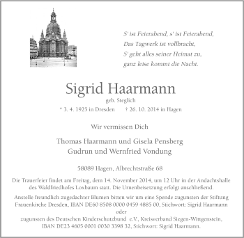 Traueranzeige von Sigrid Haarmann von Tageszeitung