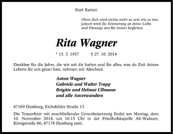 Traueranzeige von Rita Wagner von Tageszeitung