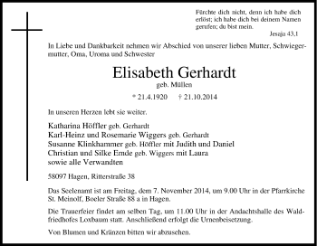 Traueranzeige von Elisabeth  Gerhardt von Tageszeitung