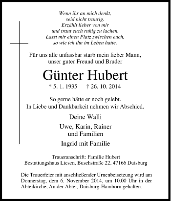 Traueranzeige von Günter Hubert von Tageszeitung