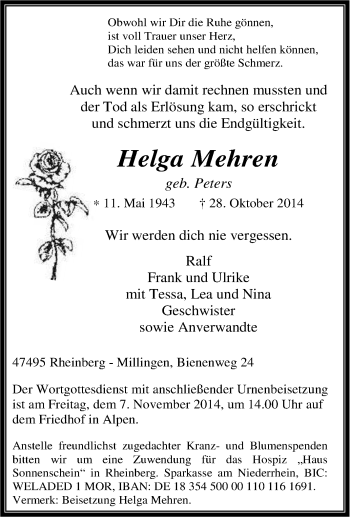 Traueranzeige von Helga Mehren von Tageszeitung
