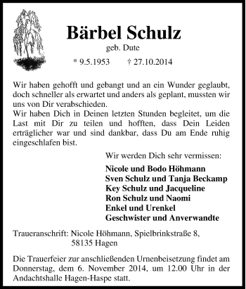 Traueranzeige von Bärbel Schulz von Tageszeitung