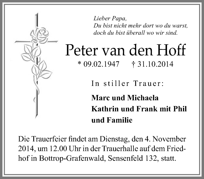  Traueranzeige für Peter van den Hoff vom 03.11.2014 aus Tageszeitung