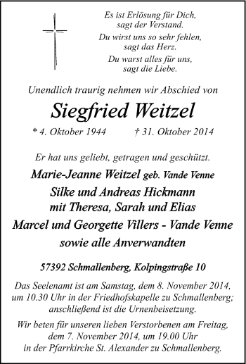 Traueranzeige von Siegfried Weitzel von Tageszeitung